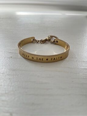 BCBG "Keep the Faith" Gold-Tone Engraved Toggle Clasp Safety Chain Cuff Bracelet